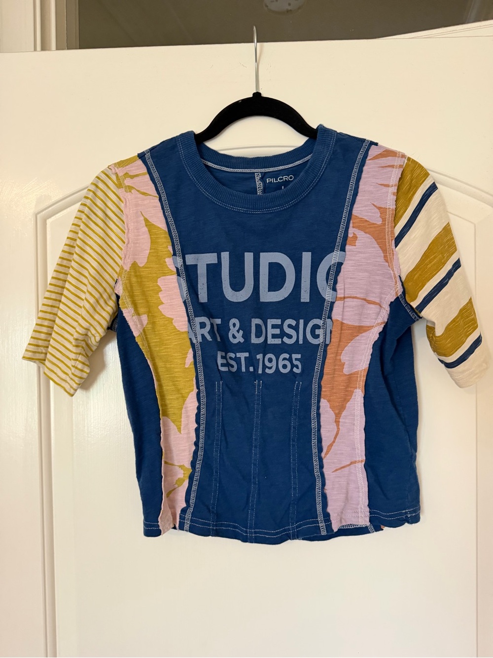 Pilcro Navy Tee with Yellow and Pink Patchwork